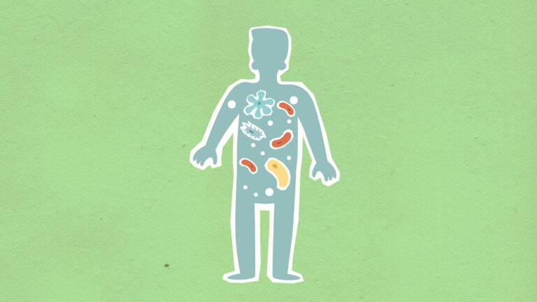From above of cutout cardboard illustration of person with different bacteria spreading in body on green background